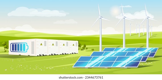 Granja eólica. Paneles solares. Recursos de energía renovable. Ecología, medio ambiente. Tecnología de producción de electricidad. Generador industrial. Estación ecológica. Concepto de ciudad moderna. Ilustración del vector