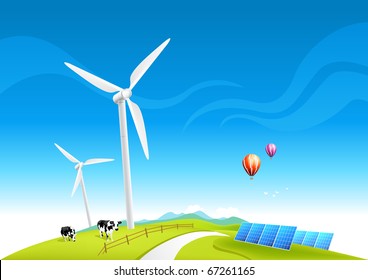 Wind Farm and Solar Panels, vector illustration.