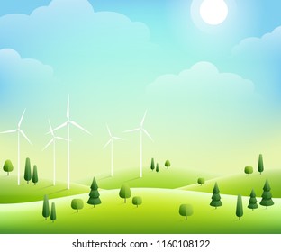 Wind farm and trees in green hills, sunny day. Vector illustration. Ecology and environmental background