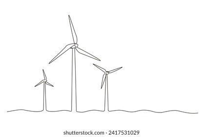 Windpark Turbinen alternative Energie auf dem Meer kontinuierliche eine Linie Zeichnung. Erneuerbare Quellenergie-Konzept Vektorgrafik im Doodle-Stil. Leitzeichen für Innovation, Umweltdesign