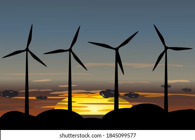 Wind farm. Wind turbines at night. Green energy. Vector illustration.