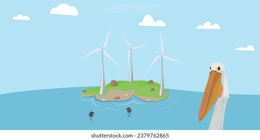 Wind farm with turbines and pelican. Symbol of renewable energy, electricity, power.