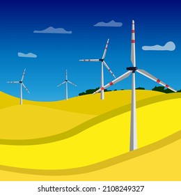  Wind farm. Wind turbines power plant station on beautiful landscape. Renewable sustainable wind park energy generation on field.Wind turbines.