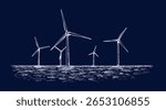 Wind farm with wind turbines, windmill farm electricity generation - outline seascape drawing. Green technology, ecology, clean energy concept. Hand drawn vector sketch illustration