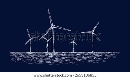 Wind farm with wind turbines, windmill farm electricity generation - outline seascape drawing. Green technology, ecology, clean energy concept. Hand drawn vector sketch illustration