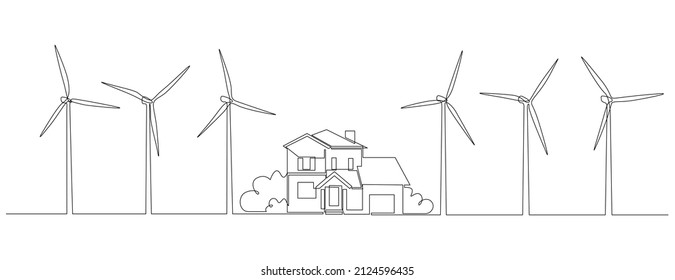 Wind farm turbines and windmill with family house in One continuous line drawing. Green energy and renewable source of power concept in simple linear style. Doodle vector illustration