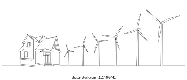 Wind farm turbines and windmill with family house in One continuous line drawing. Green energy and renewable source of power concept in simple linear style. Vector illustration