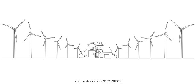 Wind Farm Turbines And Windmill With Family House In One Continuous Line Drawing. Green Energy And Renewable Source Of Power Concept In Simple Linear Style. Editable Stroke.Doodle Vector Illustration