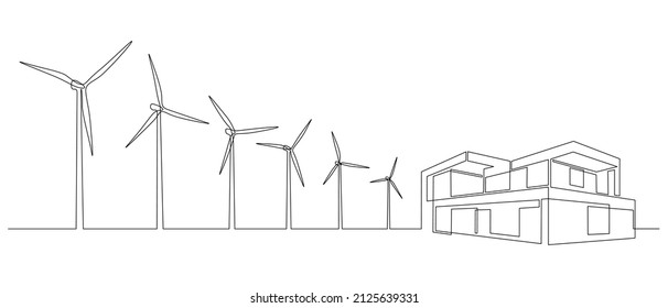 Wind farm turbines and windmill with modern house in One continuous line drawing. Green energy and renewable source of power concept in simple linear style. Doodle vector illustration