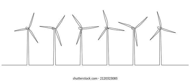 Wind farm turbines and windmill in one continuous line drawing. Green energy and renewable source of power concept in simple linear style. Editable stroke. Doodle vector illustration