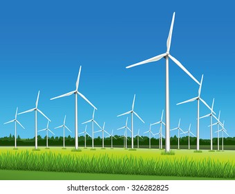 Wind farm - wind-powered electrical generators (aerofoil-powered generators) in the field in sunny day.