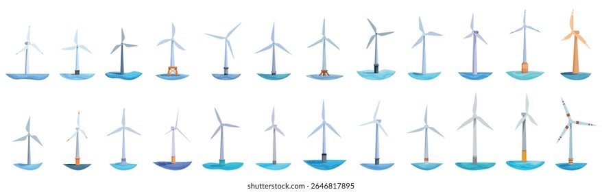 Wind farms ocean icons set. Cartoon set of offshore wind turbines generating clean energy in the ocean, symbolizing sustainable power and environmental conservation