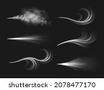 Wind flows. Realistic 3d air flows effect, different shapes isolated on black background, mist visible streams, spread gas, winter freezing cold breathing, pressurized