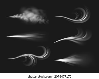 Wind flows. Realistic 3d air flows effect, different shapes isolated on black background, mist visible streams, spread gas, winter freezing cold breathing, pressurized