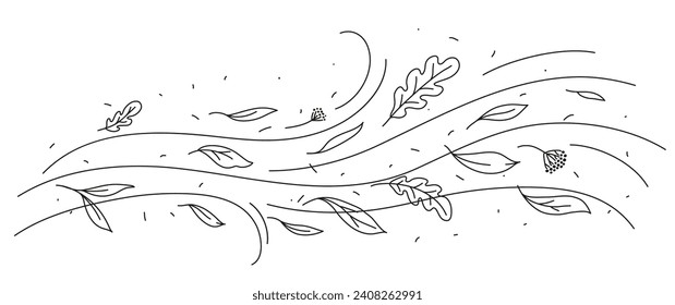 Hojas de otoño de doodle voladoras y eólicas, huracán de naturaleza vector de dibujos animados. Tormenta climática con olas de viento y hojas de otoño en línea, flujo de aire abstracto con hojas de roble en fondo de viento