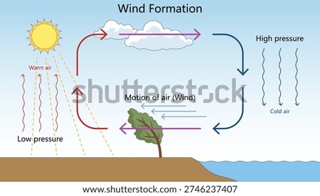 wind formation through warm rising air, low and high pressure systems, and horizontal air movement diagram hand drawn schematic vector. Science educational illustration