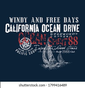 Wind and free days.California ocean drive.Vector t shirt print .