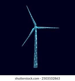 Wind Generation Turbine. Renewable alternative energy concept with glowing low poly windmill on dark blue background. Wireframe low poly design. Abstract futuristic vector illustration