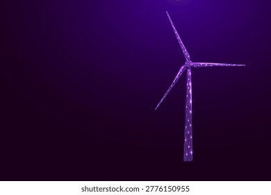 Wind generation turbine. Renewable alternative energy concept with glowing low poly windmill on dark background. Wireframe low poly design. Abstract futuristic vector