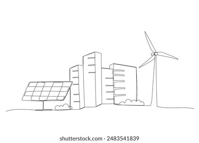 Wind generator in city, one line illustration, windmill single continuous line art drawing. Sustainable power sign