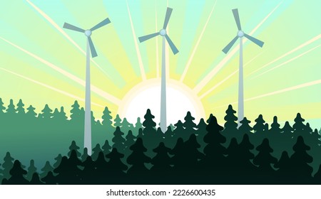 Wind generator. Clean renewable energy. Landscape with windmills. Sunrise over coniferous pine forest. Cartoon fun style. Flat design. Vector.