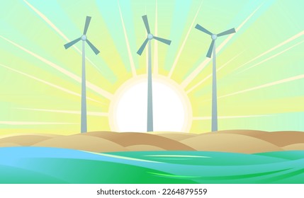 Wind generator. Clean renewable energy. Landscape with windmills. Sunrise on the sea beach. Cartoon fun style. Flat design. Vector.