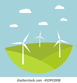 Wind generator eco-friendly energy.Vector a flat illustration with the image of wind of turbines for development of electricity.Renewable net energy.Energy for the city.Elements for infographics