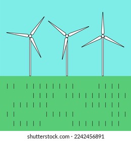 Wind generator green energy simple vector illustration. Wind energy simple icon white. Green technologies of the economy. Wind generator on green grass. Environment protection. Carbon free energy.