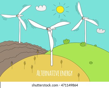 Wind generator and meadows. Green and alternative energy generators. Summer rural landscape doodle. Vector EPS 10