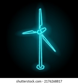 Wind generator in neon style.  Isometric concept of clean energy. Wind turbine generate electricity. Neon glow. Vector illustration. EPS10. 