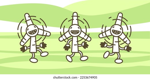 Wind generator on grass with happy smile vintage style vector illustration. Ecological alternative carbon free  electricity power. Wind generator for kids cartoon funny style. 50th 60th hero image. 