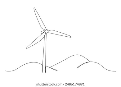 Wind generator on ground one line sketch, windmill single continuous line art drawing. Sustainable power sign