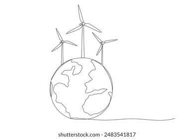 Wind generator on planet Earth one line illustration, windmill single continuous line art drawing. Sustainable power sign