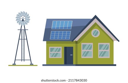 Generador de viento y panel solar sobre techo de casa como recurso ecológico del conjunto de vectores de energía eléctrica