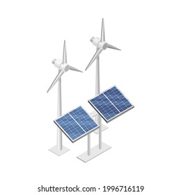 Generador de viento y panel solar como ilustración vectorial isométrica de Smart City