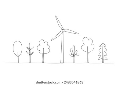 Wind generator and trees one line illustration, windmill single continuous line art drawing. Sustainable power sign