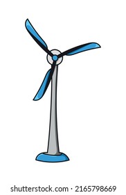 Wind generator turbine colored doodle vector illustration. Isolated on white background