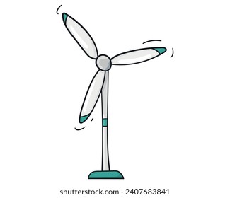 Wind generator turbine colored doodle vector illustration. Isolated on white background