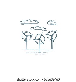 Wind generator turbines and clouds. Alternative energy concept. Vector flat line illustration