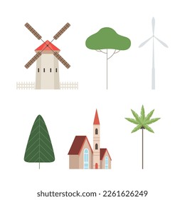 Wind Generator, Windmill, Tree and Building as City Street Element Vector Set