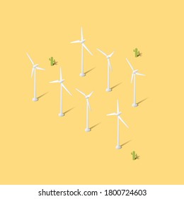 Wind generators in the desert. Wind energy. Isometric concept of clean energy. Composition of wind turbines and cacti. Isometric style. Vector illustration.