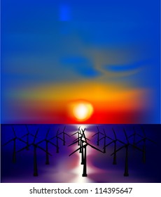 Wind generators electricity at sunset. Vector illustration