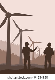 Wind generators and engineers in front of them vector background