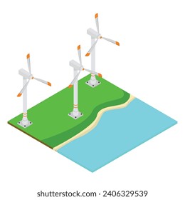 Wind generators in a field near the water.Vector isometric illustration.