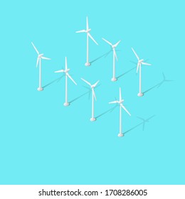 Wind generators in the ocean. Wind energy. Isometric concept of clean energy. Composition of wind turbines. Isometric style. Vector illustration.