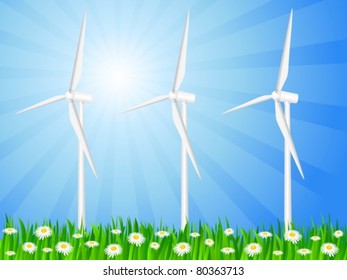 Wind generators on a grassy field. Vector illustration.
