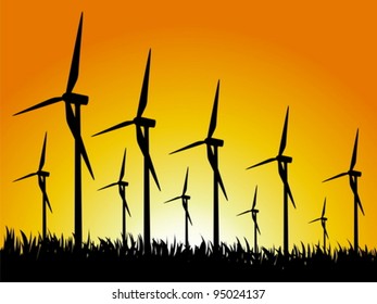 Wind generators on a grassy field. Vector illustration.