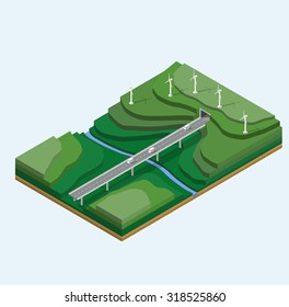 Wind generators on the landscape of the mountains. The natural country with the river, the hills and the high-speed road with cars