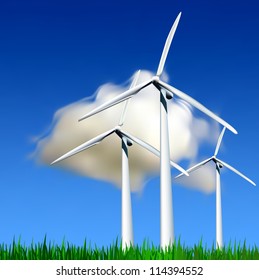 Wind Generators over sky with clouds. Vector