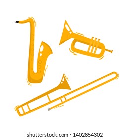 Wind golden musical instruments vector set in cartoon style. Brass section for jazz, soul - saxophone, trumpet, tube isolated on white background used for music poster, magazine, tickets.